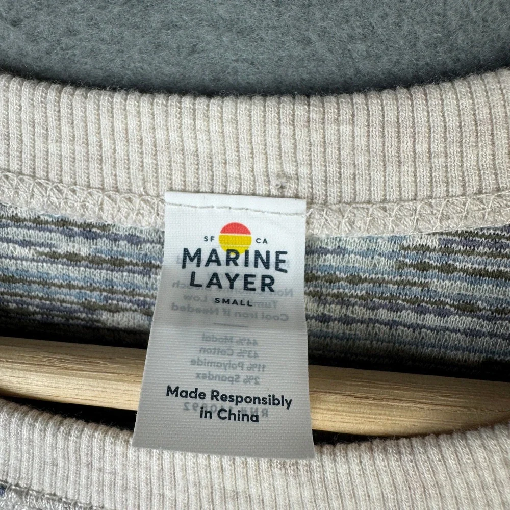 Marine Layer Mens Small Textured Raglan Crewneck Sweatshirt Cream Blue 18693